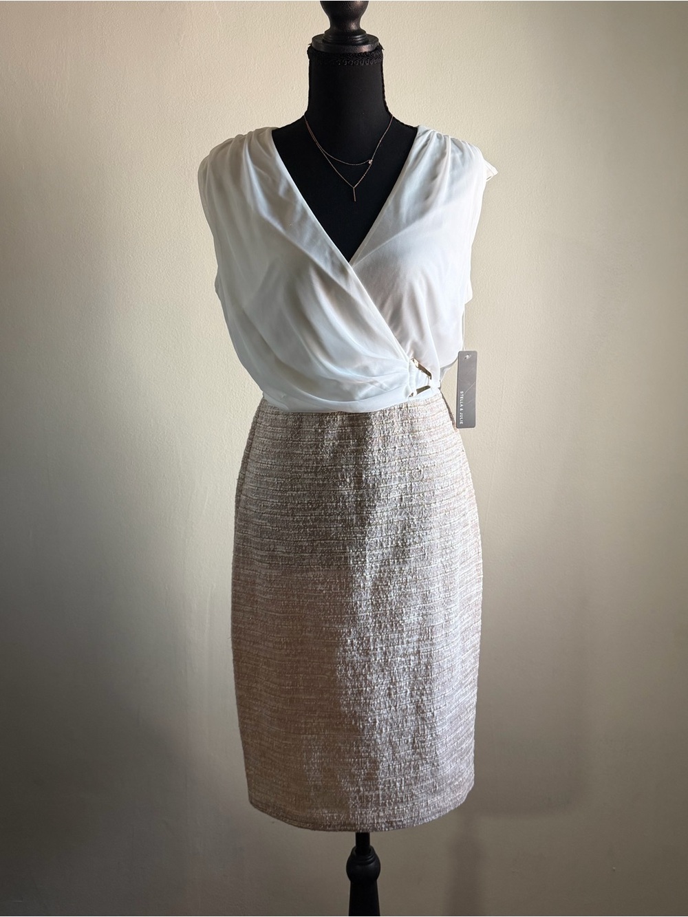 Women’s Cream Tweed Pencil Skirt with White Wrap Top